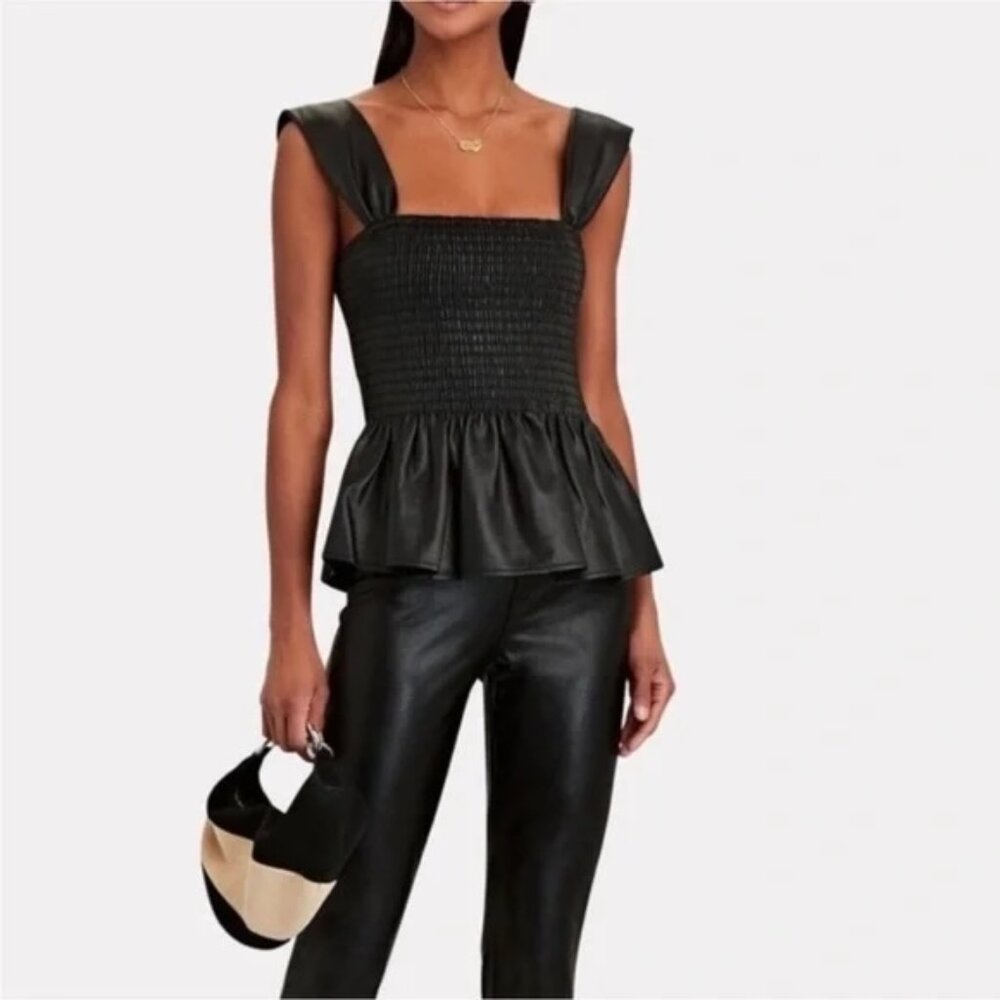 STAUD Ida Smocked Faux Leather Strap Top Black Women’s XS